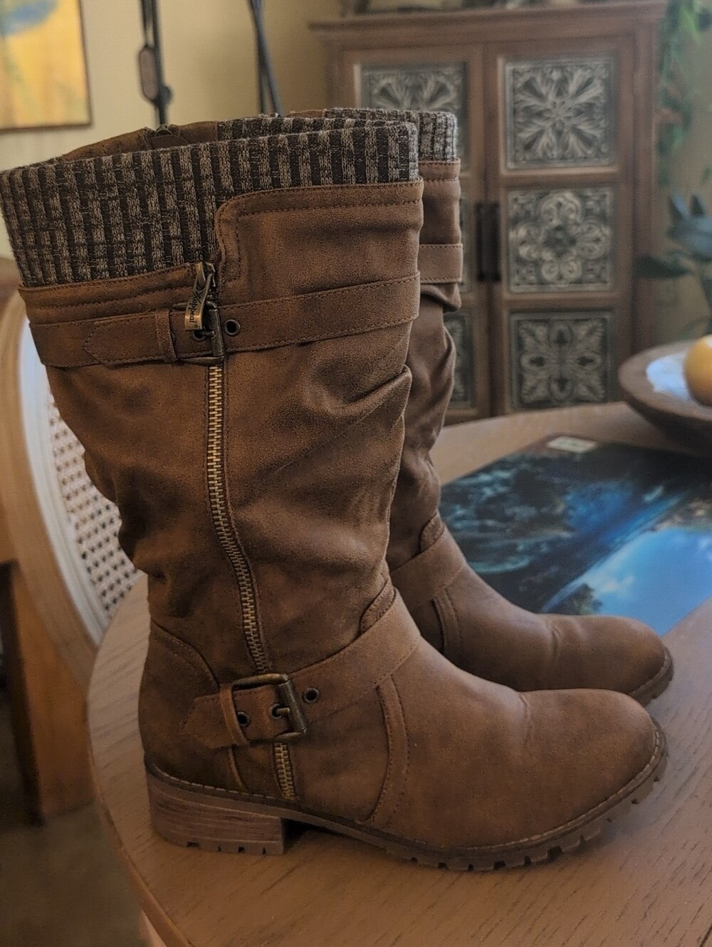 Women's Brown Mid-Calf Casual Zip Buckle Boots